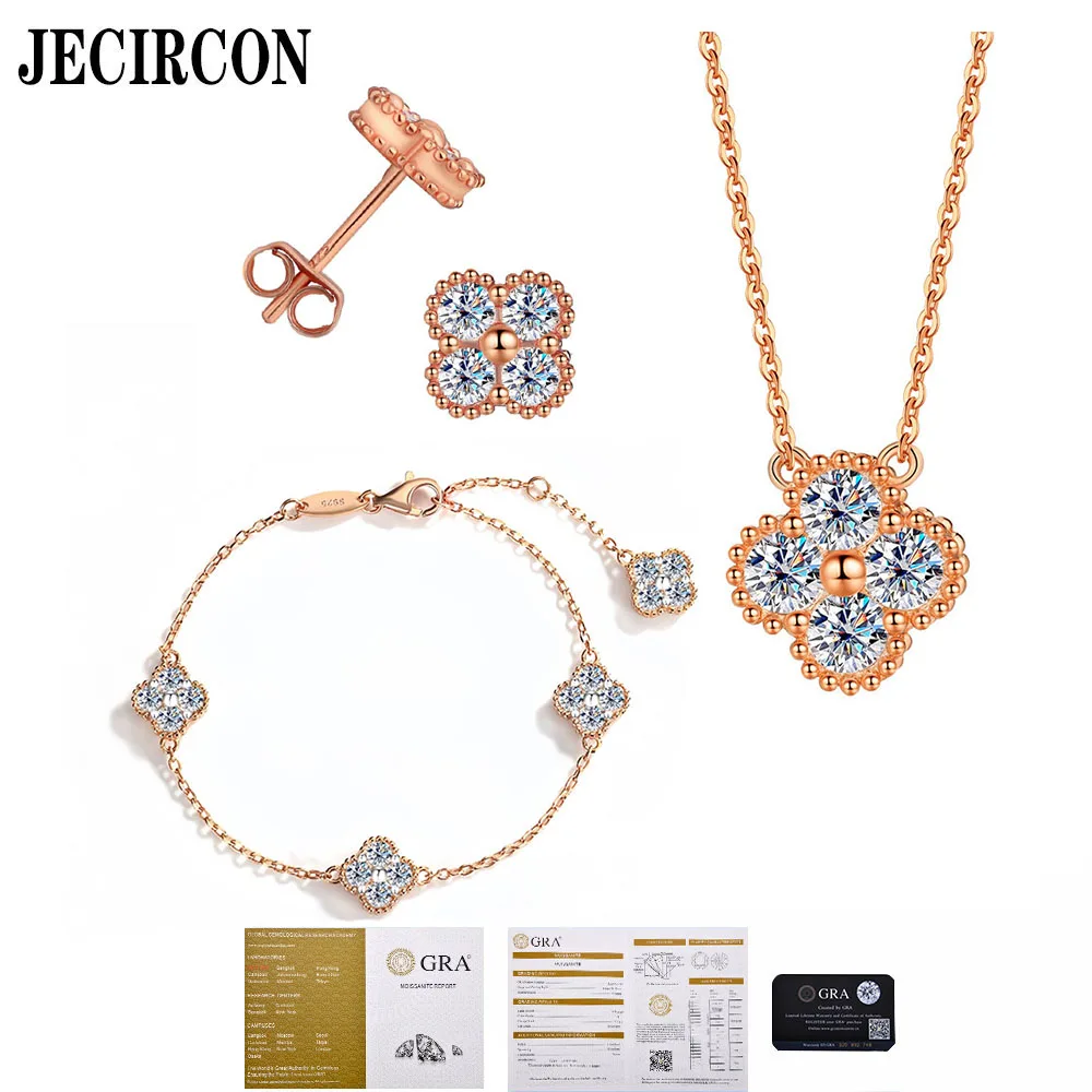 

JECIRCON S925 Sterling Silver Moissanite Jewelry Set Full Moissanite Pendant Necklace Bracelet Stud Earrings for Women Rose Gold