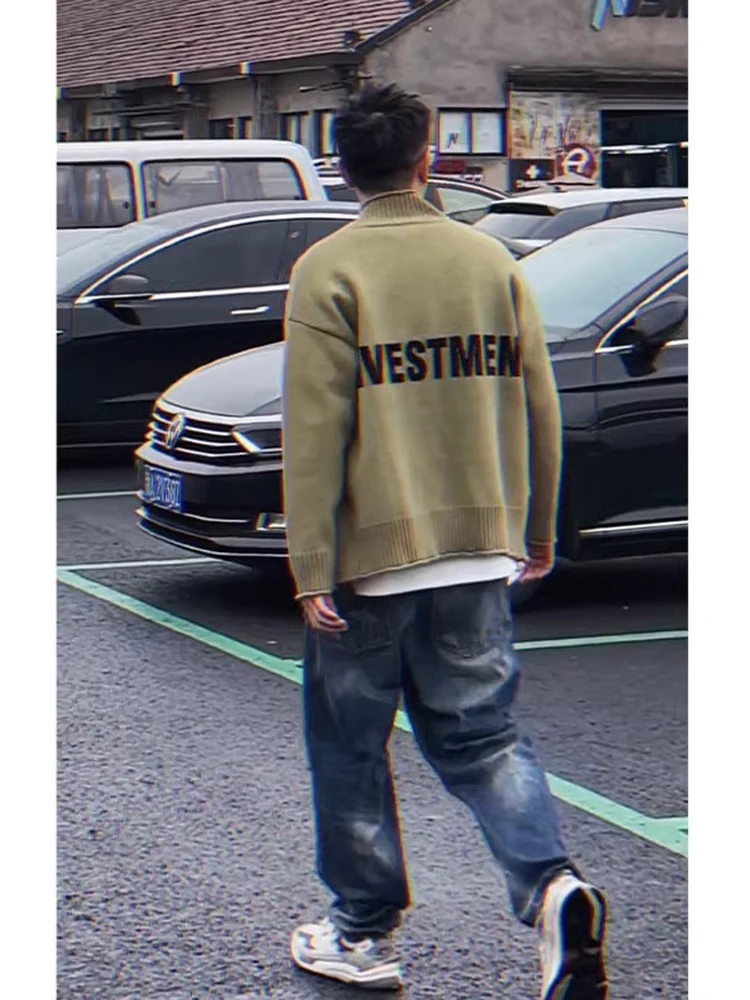 

Осенний новый мужской вязаный кардиган в японском стиле с воротником-стойкой, на молнии, в стиле милитари, повседневный, универсальный