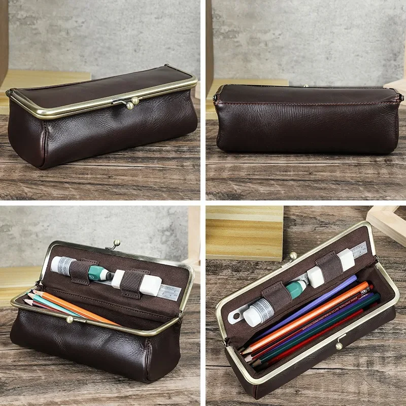 New Genuine Leather Creative Pen Pouch, Handmade Large Capacity Pencil Case, Premium Multi-functional Stationery Storage Box