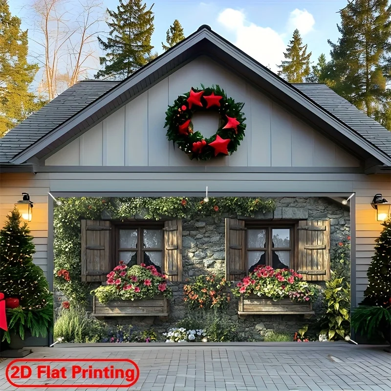 لافتة باب جراج كبيرة 2D Plan 1 - لافتة حفلات بتصميم جدار حجري وزهرة ملونة، مناسبة للمهرجانات