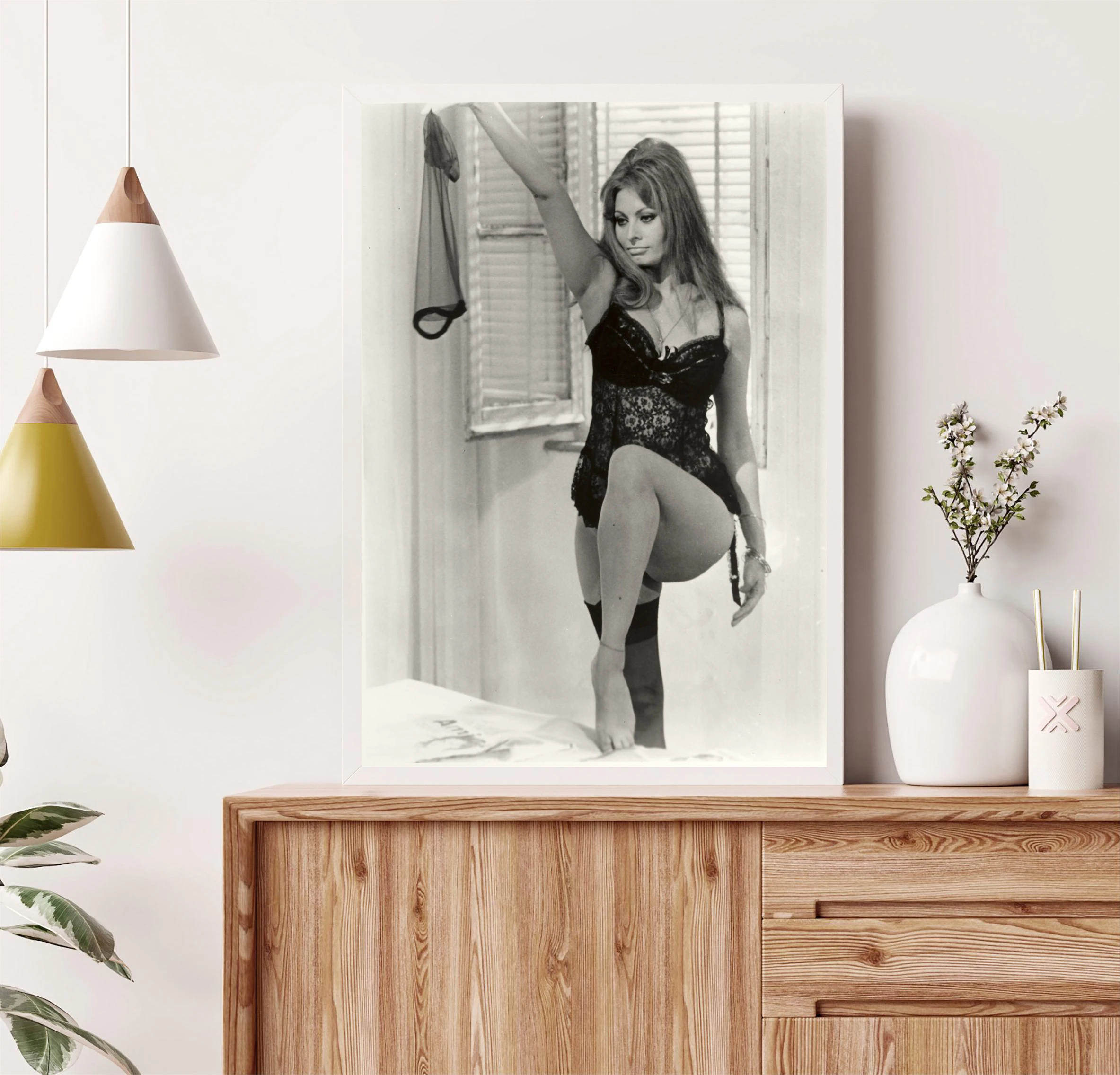 الموضة الحديثة أنثى نجمة صوفيا لورين مثير جميل أسود أبيض صورة المشارك قماش لوحات صور فنية للجدران ديكور المنزل #3