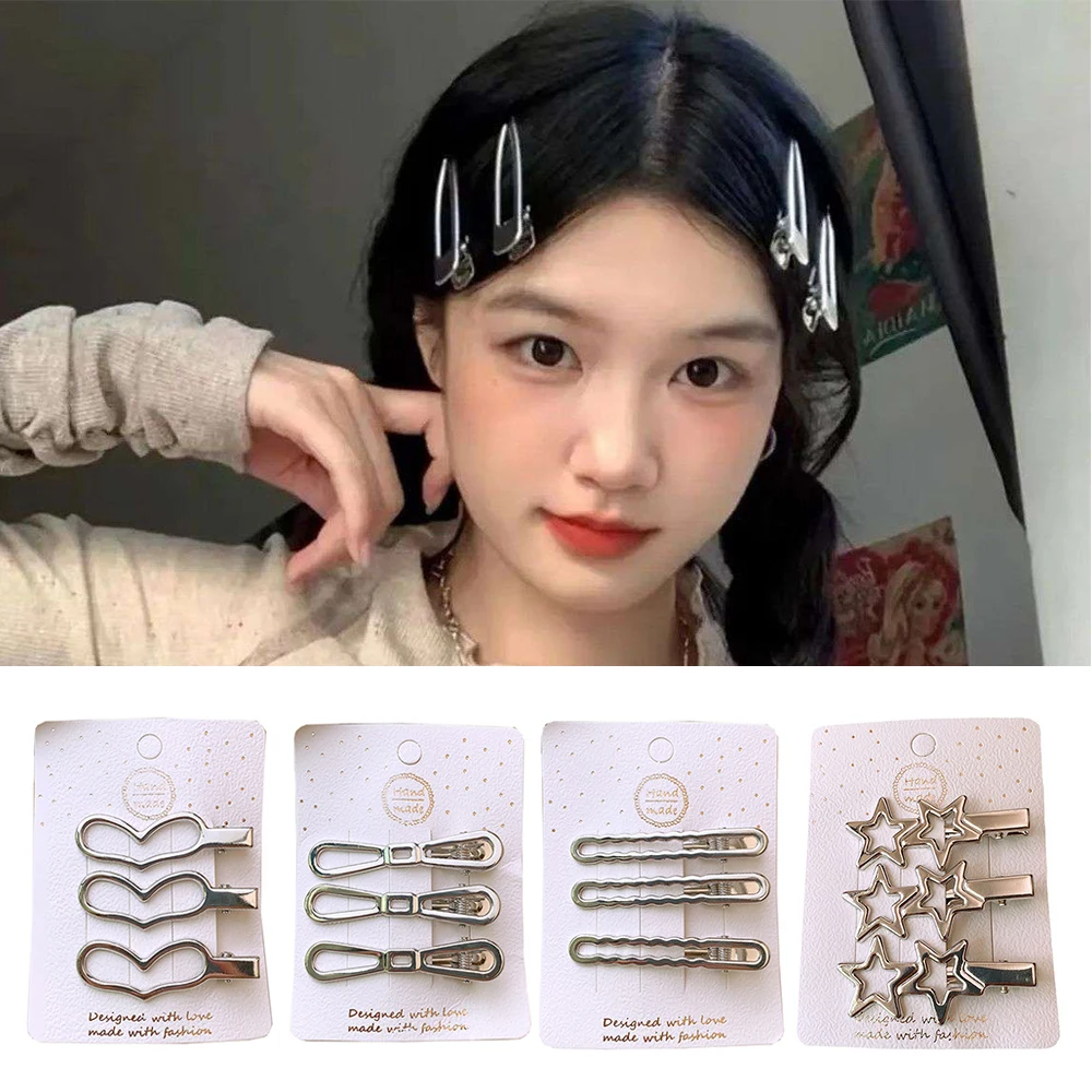 3PC Set Silver Metal Star Heart Bow Hollow Out Hair Clips Geometric Barrettes Girls Alloy Hairpins Styling Tool Hair Accessories