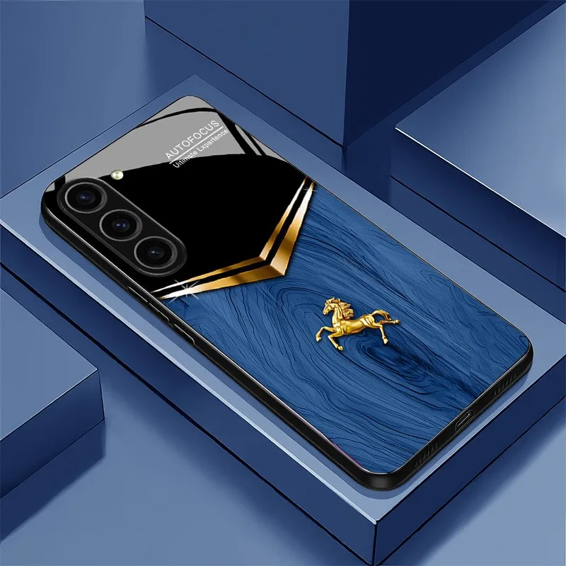 Luxury Gold Horse Tempered Glass Back Cover Phone Case for Samsung GalaxyS26 25 24 23 22 21 20Ultra Plus Lens Durable Protective