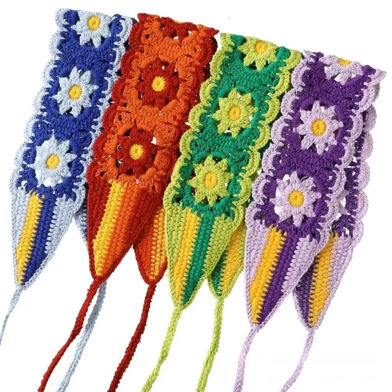 Sommerliches, gestricktes Stirnband mit Blumenmuster, Stretch-Turban, gehäkeltes Blumen-Haarband, Kopftücher, Bandanas für Mädchen und Frauen, Haar-Accessoires – Detail 4
