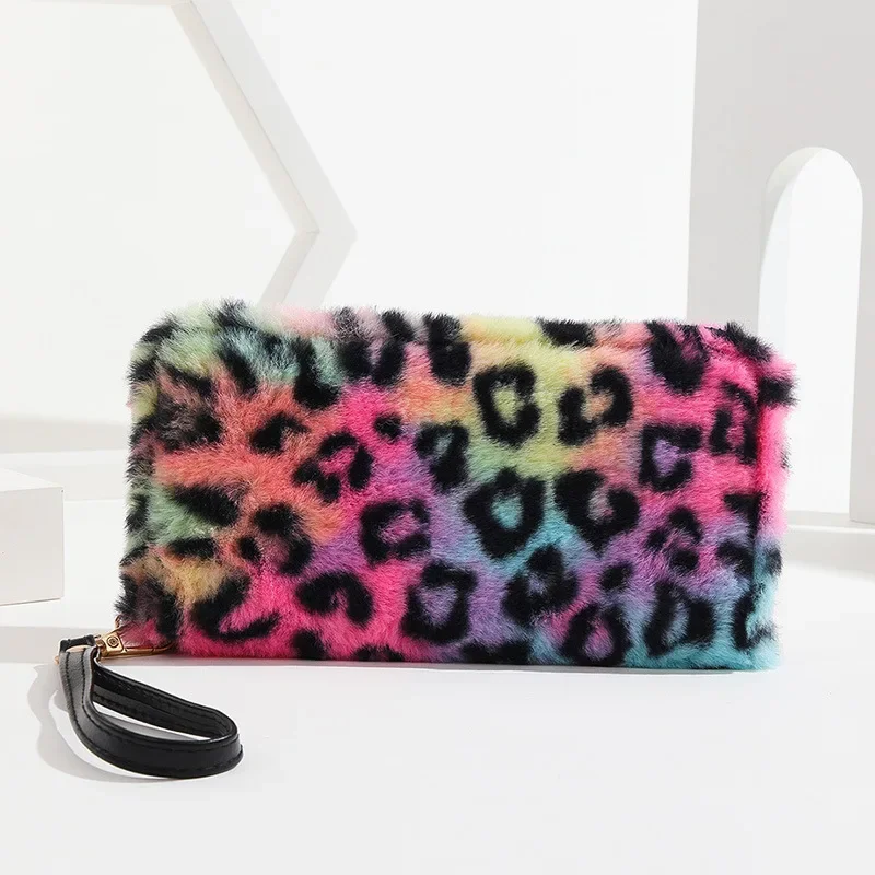 Women Fashion Leopard Prints Faux Fur Long Wallet Ladies Cheetah Pattern Fluffy Clutch Purse Money Clip Furry Cell Phone Wallet