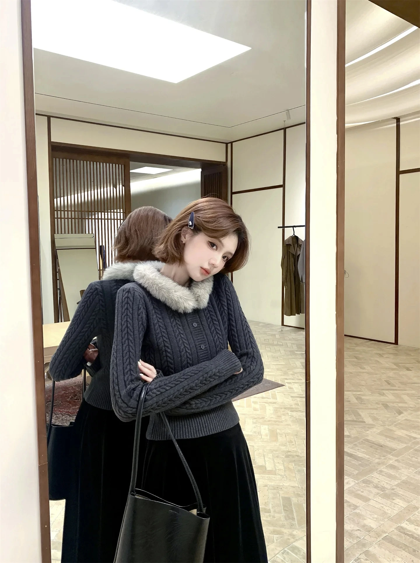 Automne et hiver épissage ample pull amovible cou tricoté cardigan pull veste femmes