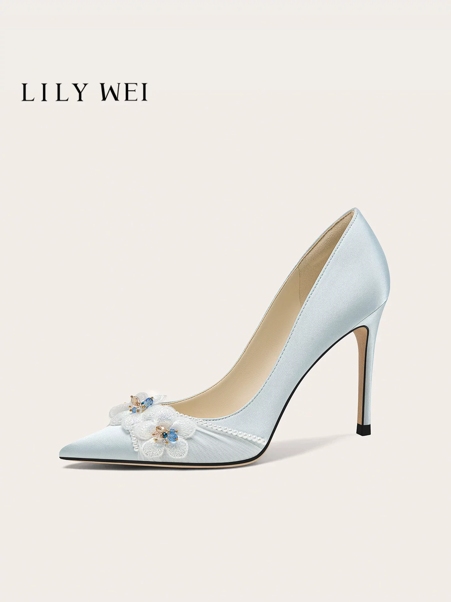 Spring pointed silk lace rhinestone flower pearl single shoes banquet large size small size widened high heels women's shoes