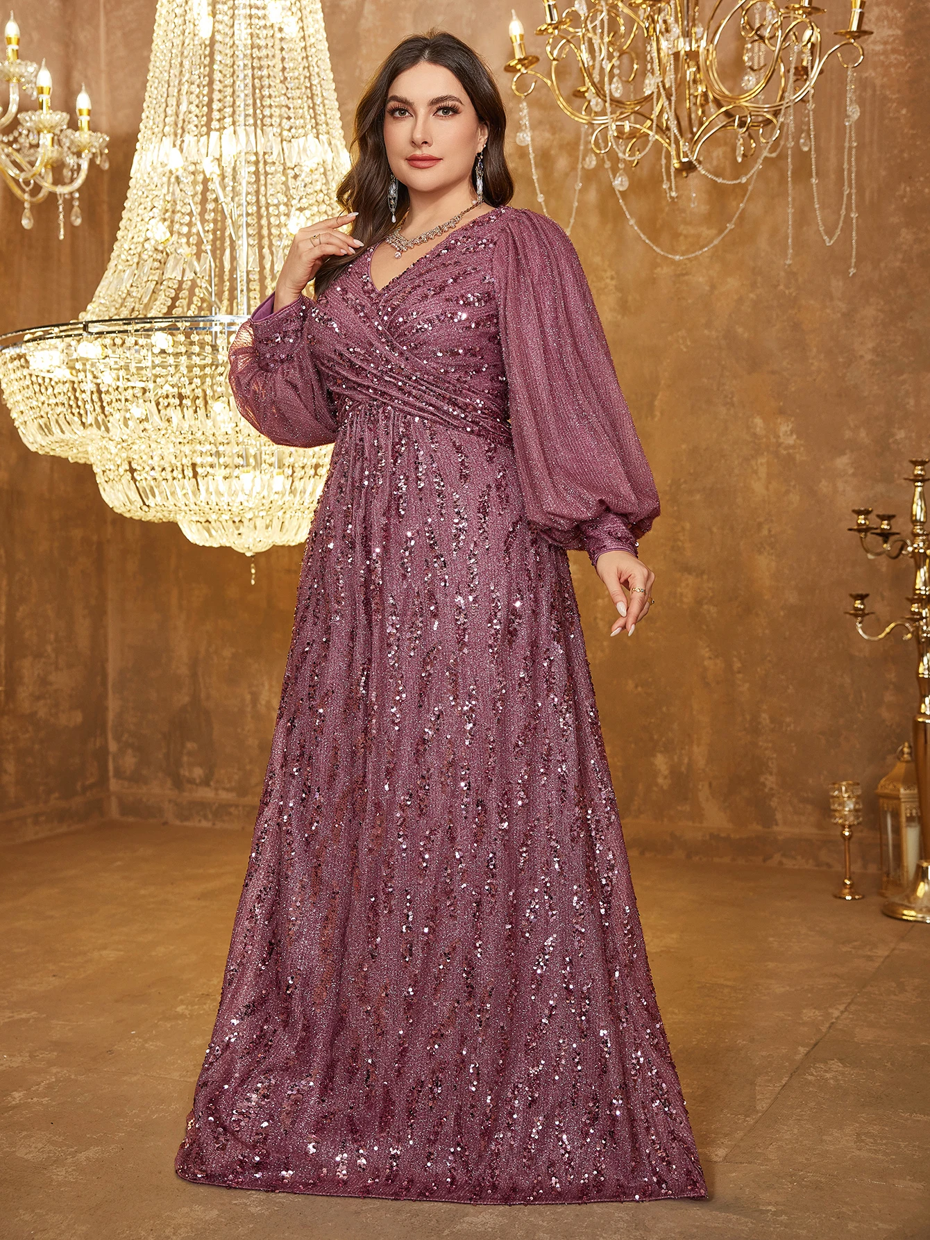 فستان UNITHORSE مقاس كبير للسيدات أنيق مزين بالترتر ورقبة على شكل حرف V وأكمام واسعة وخصر أمامي مناسب بلون سادة للحفلات الرسمية، العروس