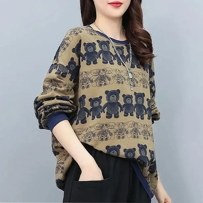 Stylish Korean Bear Printed Sweatshirts Spring Autumn Long Sleeve Commute Women's Clothing Casual Spliced O-Neck Loose Pullovers