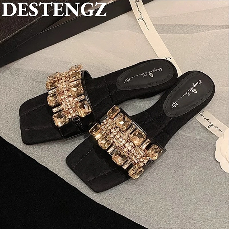 

Heeled Sandals Woman Luxury Designer Shoes Slippers Women Square Toe Crystal New 2025 Summer Elegant Pumps Dress Party Sandalias