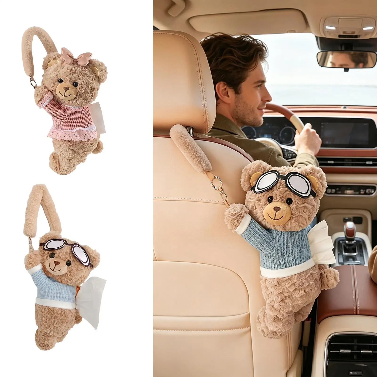 Car Tissue Holder Soft Cute Bear Napkin Organizer Auto Plush Napkin Holder for Seat Back Headrest SUVs MPVs Trucks Commercial