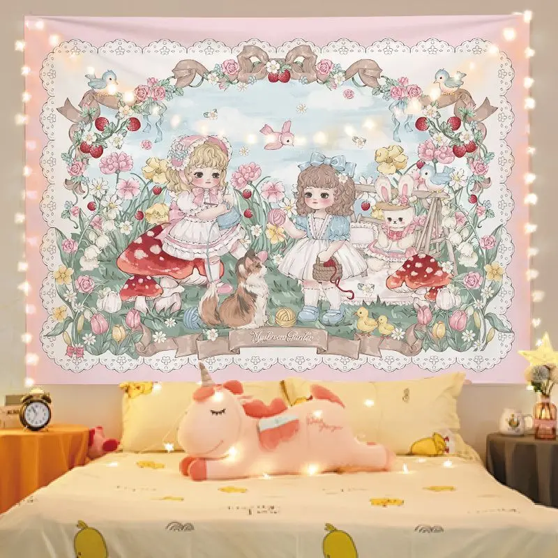 VIKAMA Pink Lolita Rabbit Tapestry, Vintage Bow Bear Cute Rabbit Cartoon Wall Hanging for Bedroom Living Room Decor