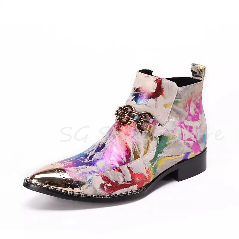 Fashion Male Motorcycle Boots Mixed Color Metal Pointed Toe Slip-On Chelsea Boots Men's Wedding Party Dress Leather Shoes