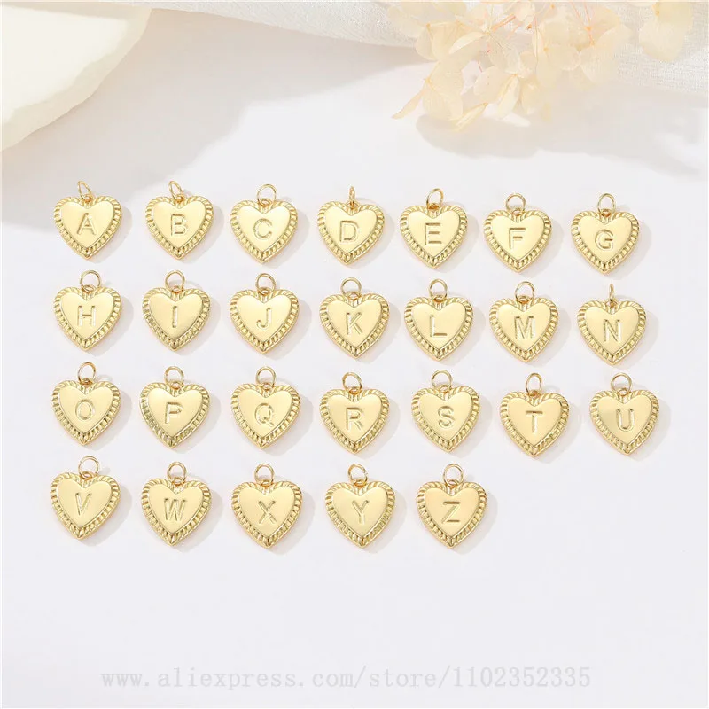 

10pcs/ Bag Simple smooth 14k gold heart 26 letter pendant necklace earrings pendant DIY accessories