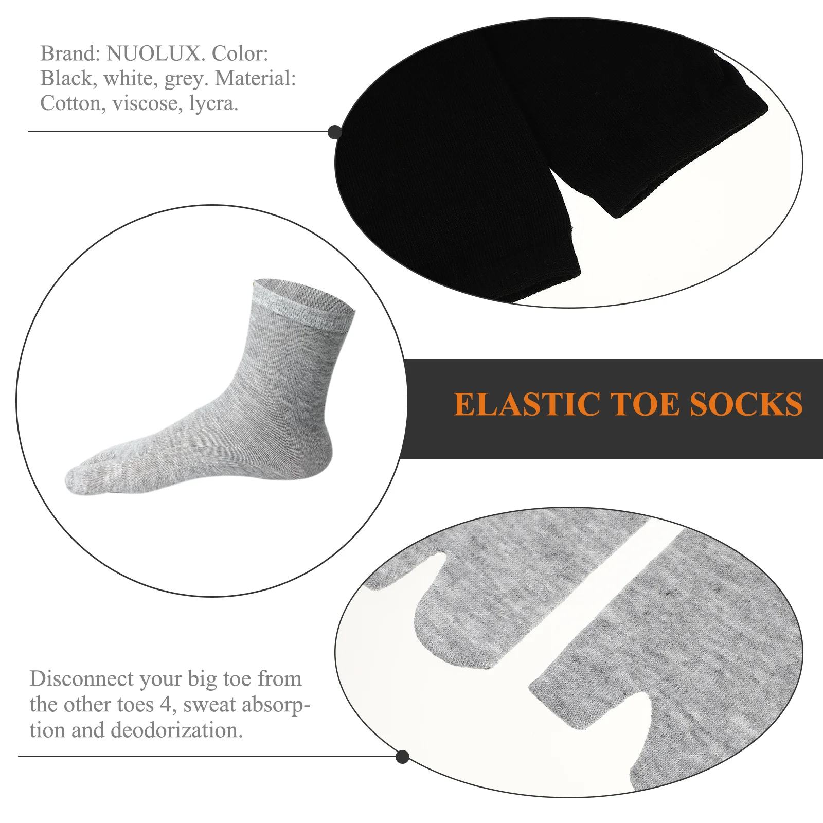 NUOLUX 3 Pairs of Elastic Cotton Tabi Toe Socks (White+Grey+Black) Elastic toe socks Cotton toe socks