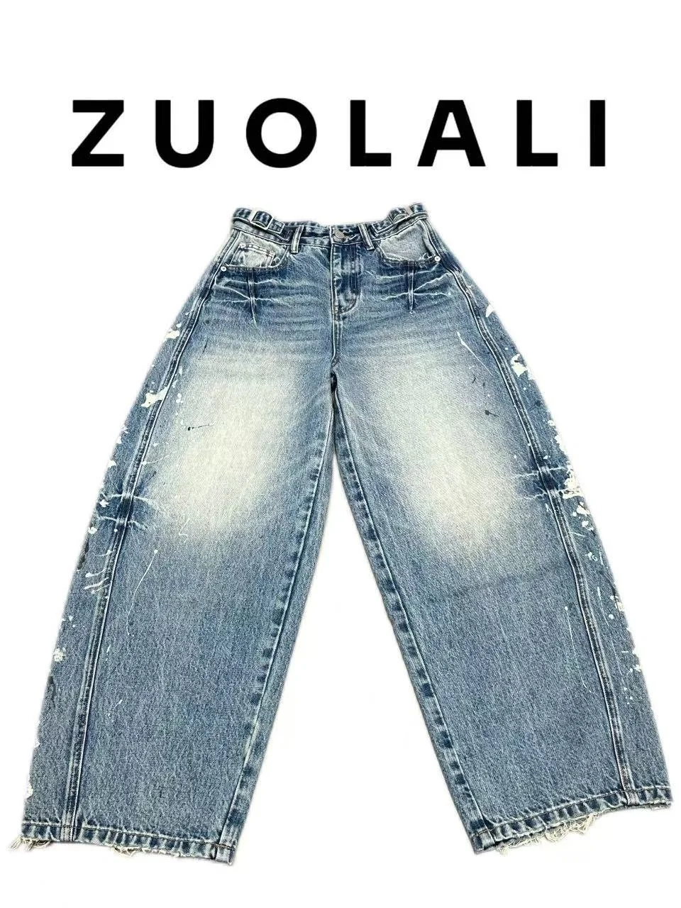 

High Waist Splaed Ink Design Luxury Trend Retro Street fiti ZUOLALI Women's Wide Leg Jeans American Retro Sle Cotton