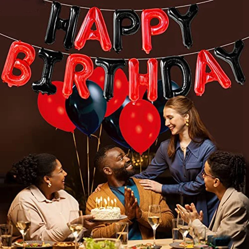 N37R_Black and Red Happy Birthday Banner Balloons - 16 Inch