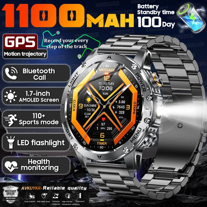 

New 1000mAh Large Battery Sports SmartWatch Fitness tracker LED Flashlight 5ATM Waterproof Wireless Call Men Military Smartwatch