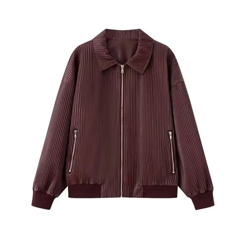 Jaquetas Femininas Vintage Estilosas de Outono em Couro Sintético Plissado Oversized BF, Casaco Cropped Elegante Solto Vinho Tinto PU com Zíper para o Dia a Dia