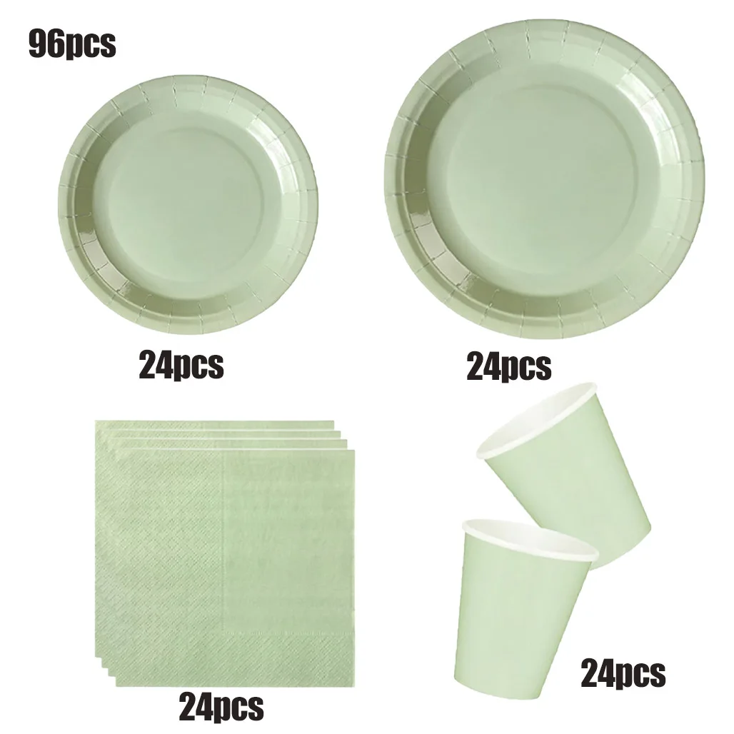 Salbeigrünes Einweg-Geschirrset aus Papptellern, Tassen und Servietten für Geburtstagsfeiern, Hochzeiten, Babypartys, minimalistische Dekorationsartikel. – Detail 2