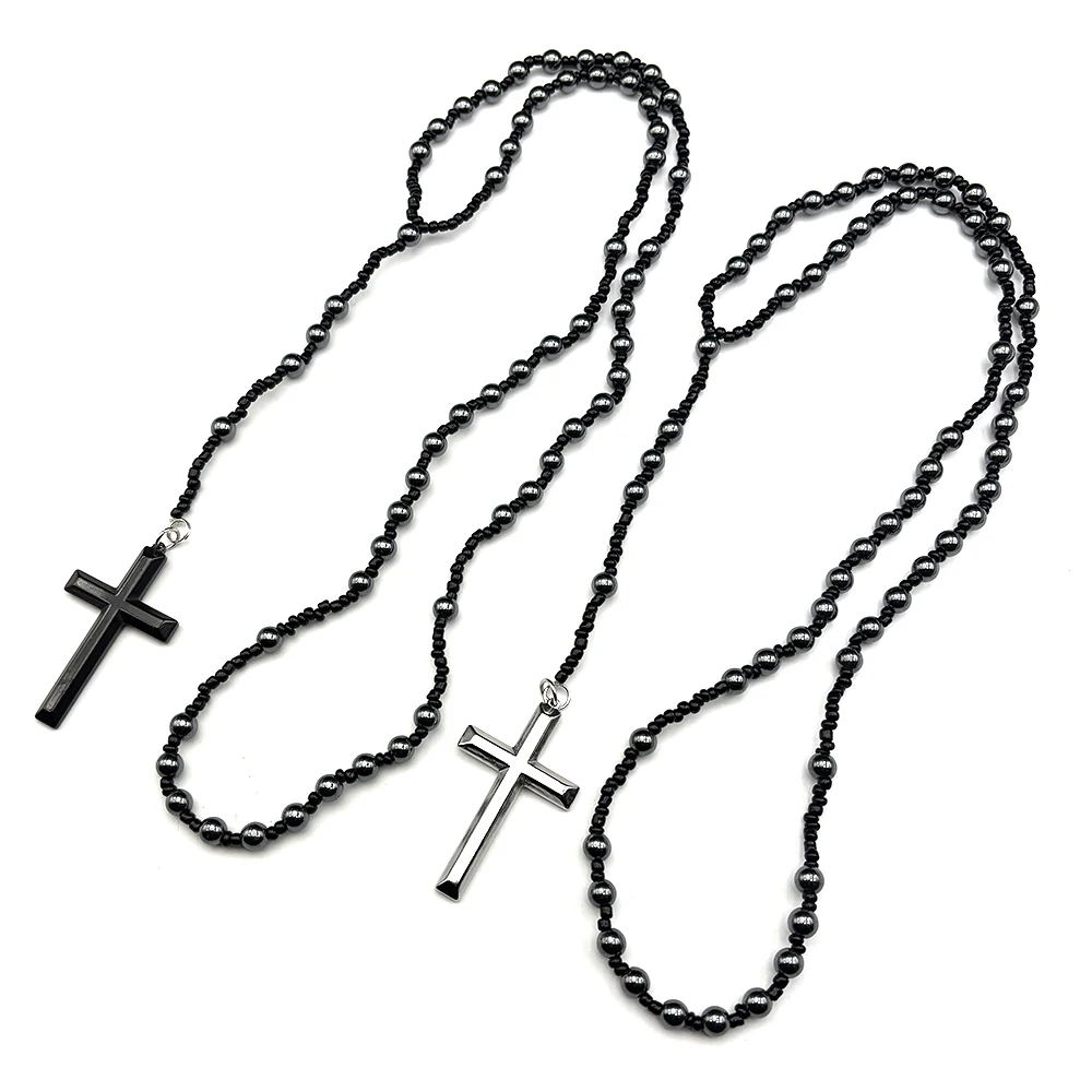 

Stainless Steel Jesus Christ Cross Pendant Necklace for Men Women Silver Color Hematite Bead Rosary Chain Necklaces Jewelry Gift