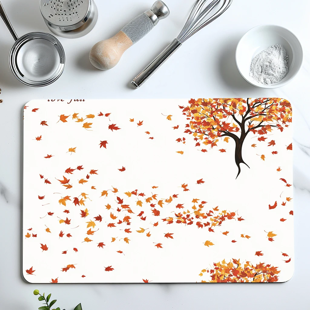 1pc Drying Mat Autumn Trees Maple Leaves Non-Slip Absorbent Mat Tableware Kitchen Counter Drain Mats Placemats for Table