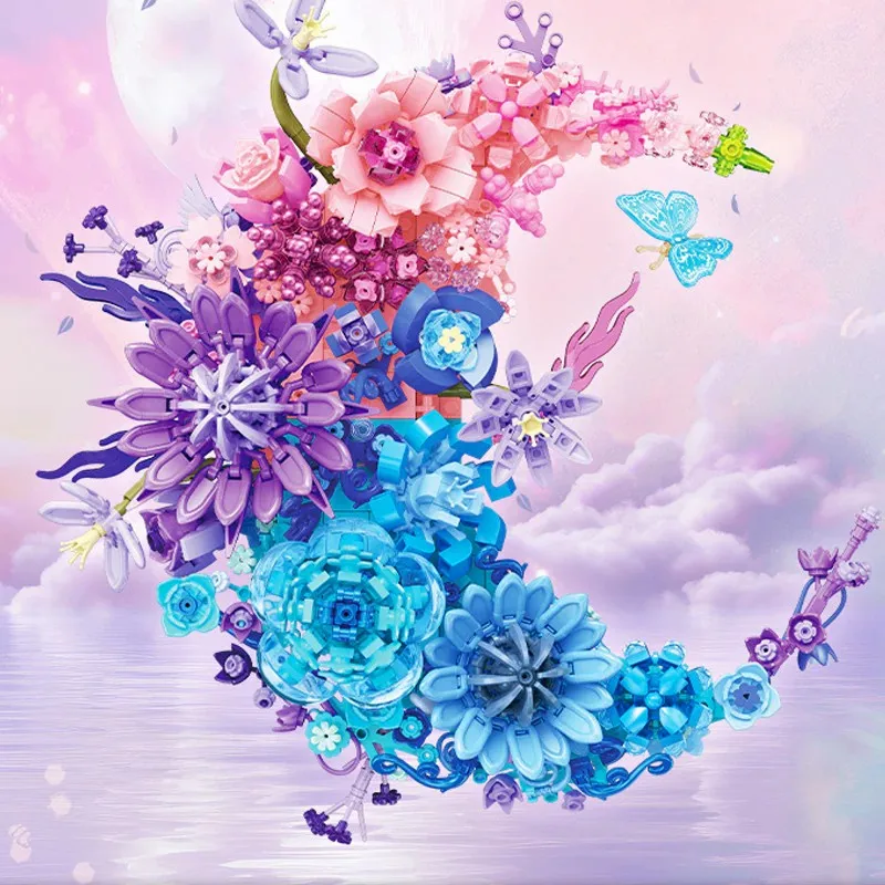 

977 шт., букет лунного цветка, строительные блоки, идея, сделай сам, модель цветка, украшение для дома, сборка, кирпич для девочек, изысканный подарок