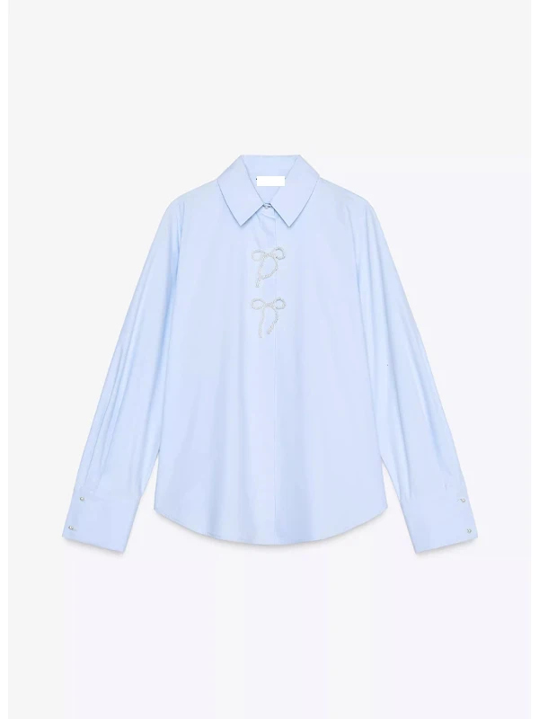 

Новый синий повседневный дизайн, украшенный искусственным жемчугом, отложной воротник, шелковый длинный свеч irt, свободный крой, французский Sle, лето 2025 г.