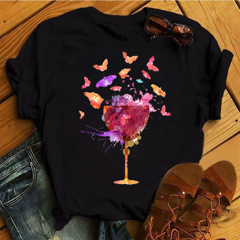 New Summer Sexy Fashion Wine Cup T-shirt, Women's Cute Round Neck Short Sleeve Graphic T Shirts  Tops  Aesthetic  Harajuku