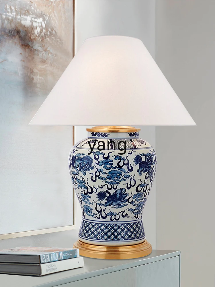 Yjq Hand-Painted Blue and White Porcelain All the Best High-Grade Villa Art Ceramic Table Lamp