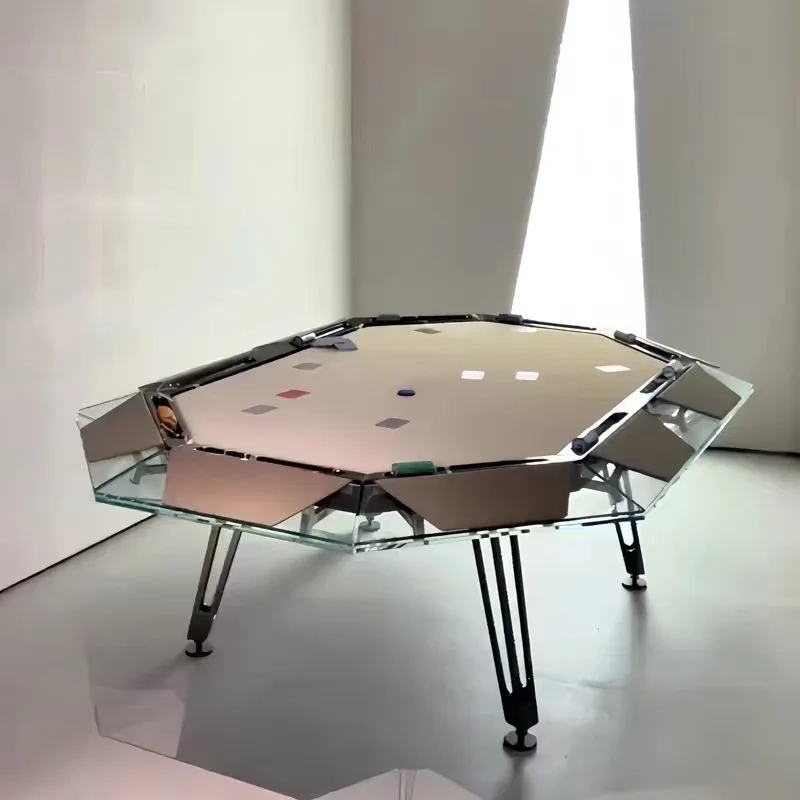 Professional 10 Seat Casino Gambling Poker Table Tempered Glass Top Stainless Steel Base Luxury Durable Commercial Gaming Table