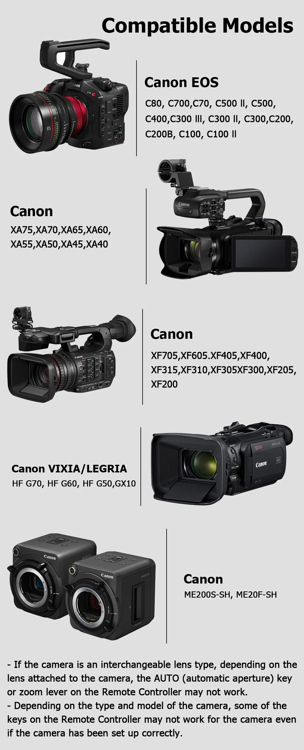 ZC-5 Funk-Camcorder-Fernbedienung für Canon-Videokamera G70 G60 G50 XF705 XF605 XF405 C80 C700 XA75 XA70; Ersetzen Sie Canon RC-V100 – Detail 11