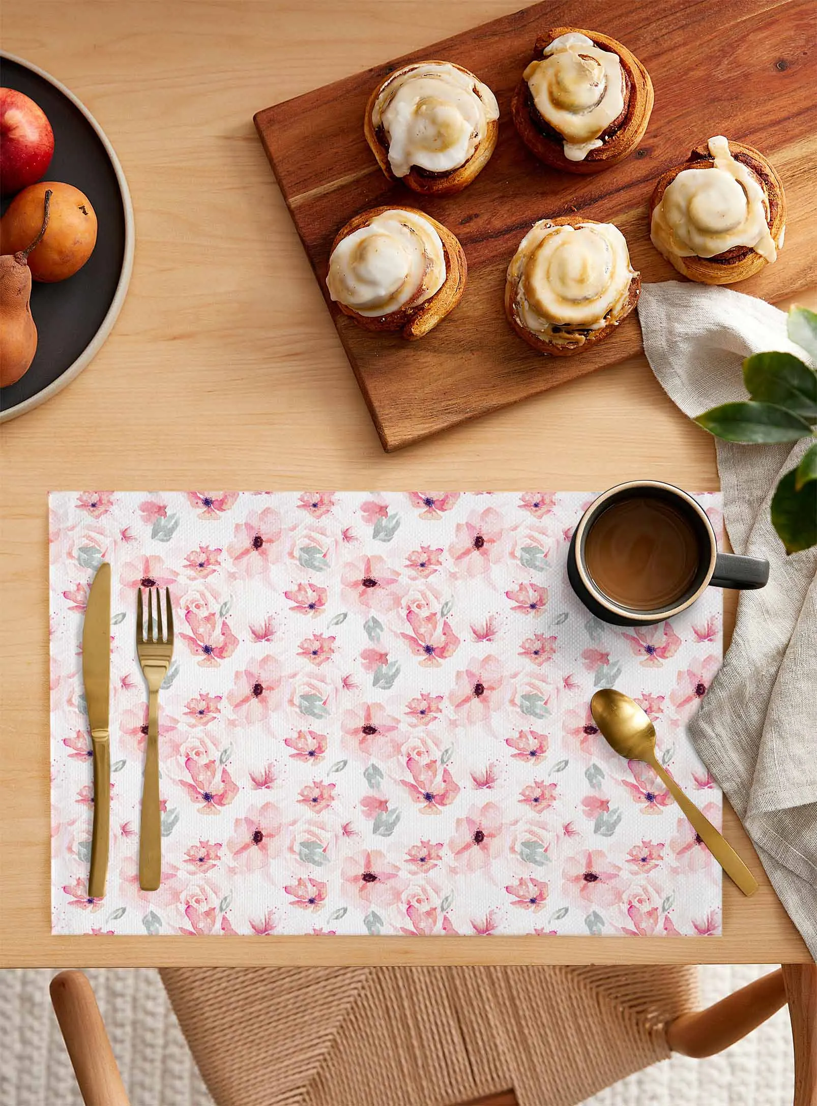 Spring Tea Flowers Watercolor Minimalist Kitchen Dining Table Decor Accessories 4/6pcs Placemat Heat Resistant Tableware Mat