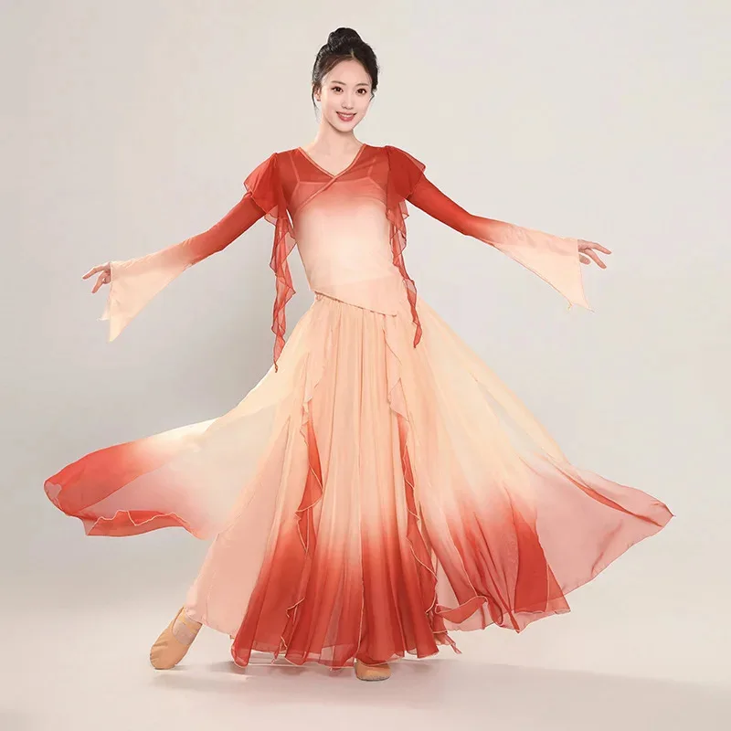 

New Classical Gauze Dress, Elegant Dance Performance Costume, Chinese Fairy Style Training Costume Set, Women's Red dress