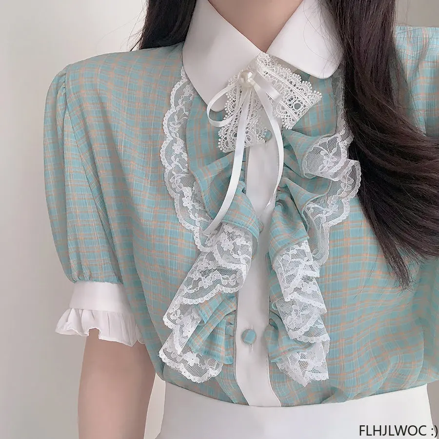 Thin Ribbon Bow Tie Cute Tops Preppy Style Vintage Japan Korea Elegant Office Lady Formal White Lace Ruffles Plaid Shirt Blouses