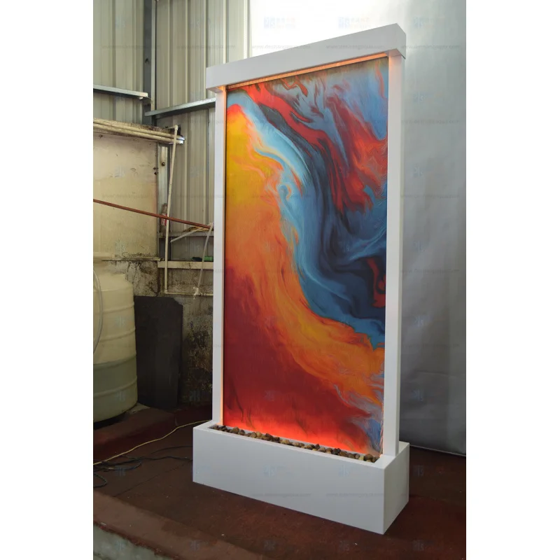 custom.Colorful Contemporary Design 1.03m Wide x 2.16m High Glass Indoor Waterfall Garden Fountains SS Frame Colorful Painting G