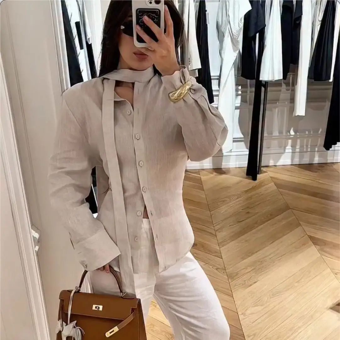European and American Style Fashion Commuter Strap Waist Shirt Women's Foreign Style Versatile Streamer Bow Shirt Women