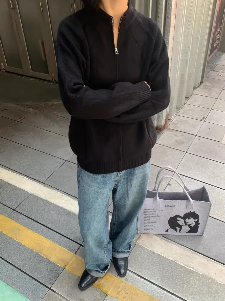 

Толстовка-кардиган на молнии из трикотажа Heavyweight Zipper Knitted Sweater Jaet Lazy Aosphere, 48-ниточный круглый кардиган, повседневная свободная модель из полиэстера для ношения под одеждой.