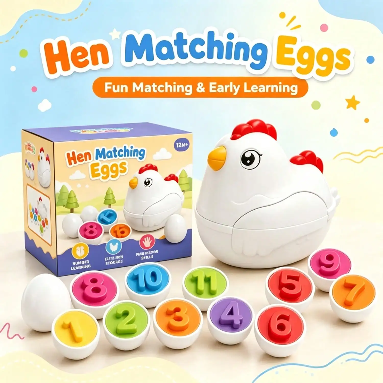 Montessori Chicken Matching Eggs Toy 12Pcs Number Shape Color Sorter Early Learning Educational Toy Toddler Baby Easter Gift