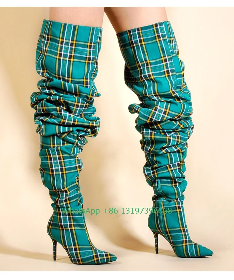 

Lady checkered print boots fashion pleated design over the knee boots pointed toe punk classic thigh boots large size footwear