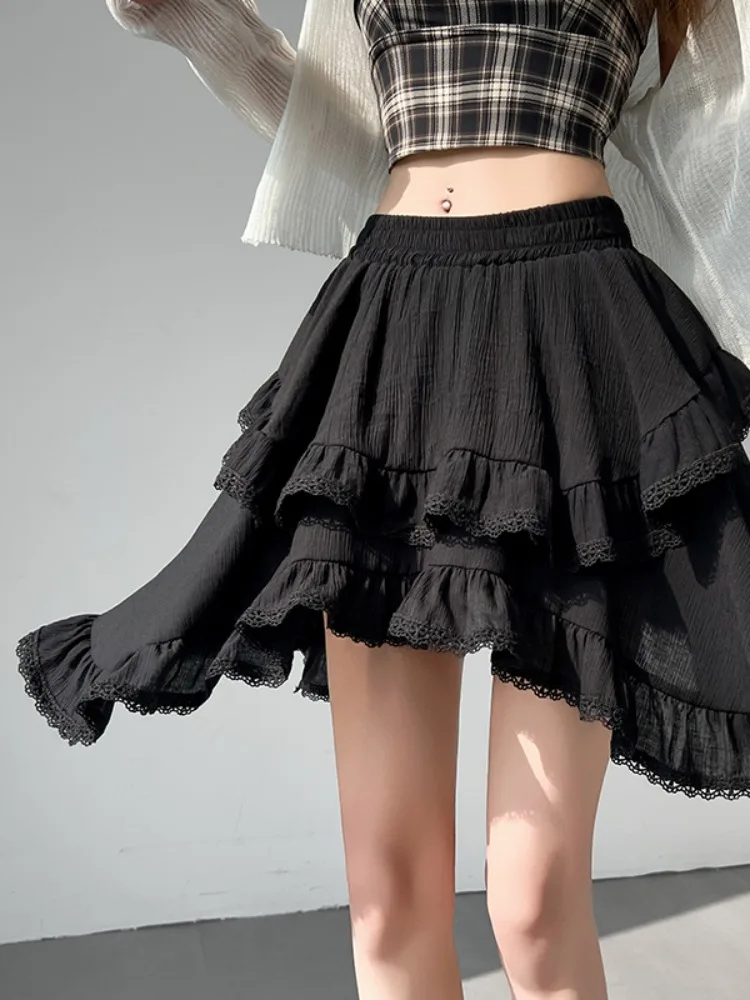 Süßer weißer asymmetrischer A-Linien-Rock für Damen, Sommer, hohe Taille, schlankmachender Spitzenbesatz, Eisseiden-Kuchenrock, Pendler-Sle