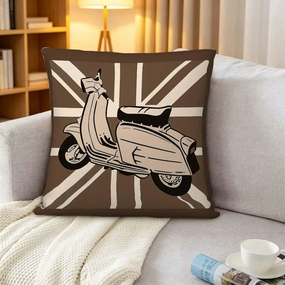 Vintage Scooter Pillowcase, British Flag Moped Cushion Cover, Retro Mod Style Home Decor, Brown Auto Art Print, Man Cave Gift