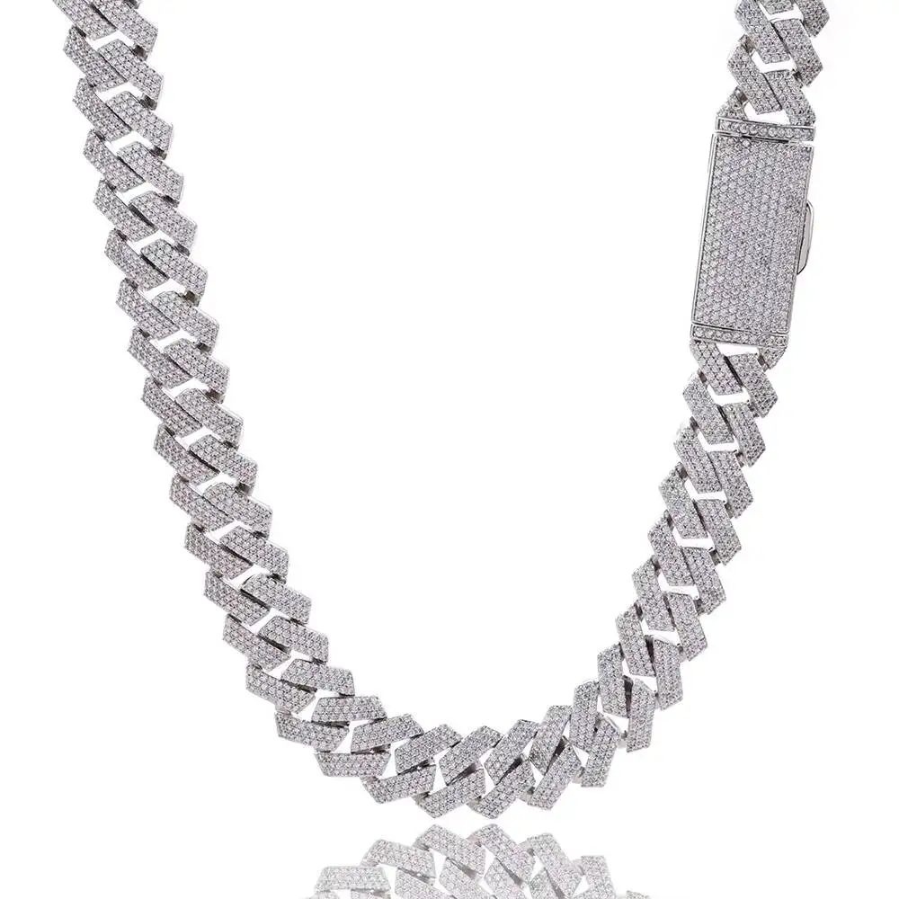 Fashion Three Rows Rose Gold Plated S925 Silver Moissanite Necklace for Men Hip Hop Rhombus Cuban Chain Style Third Party Certif