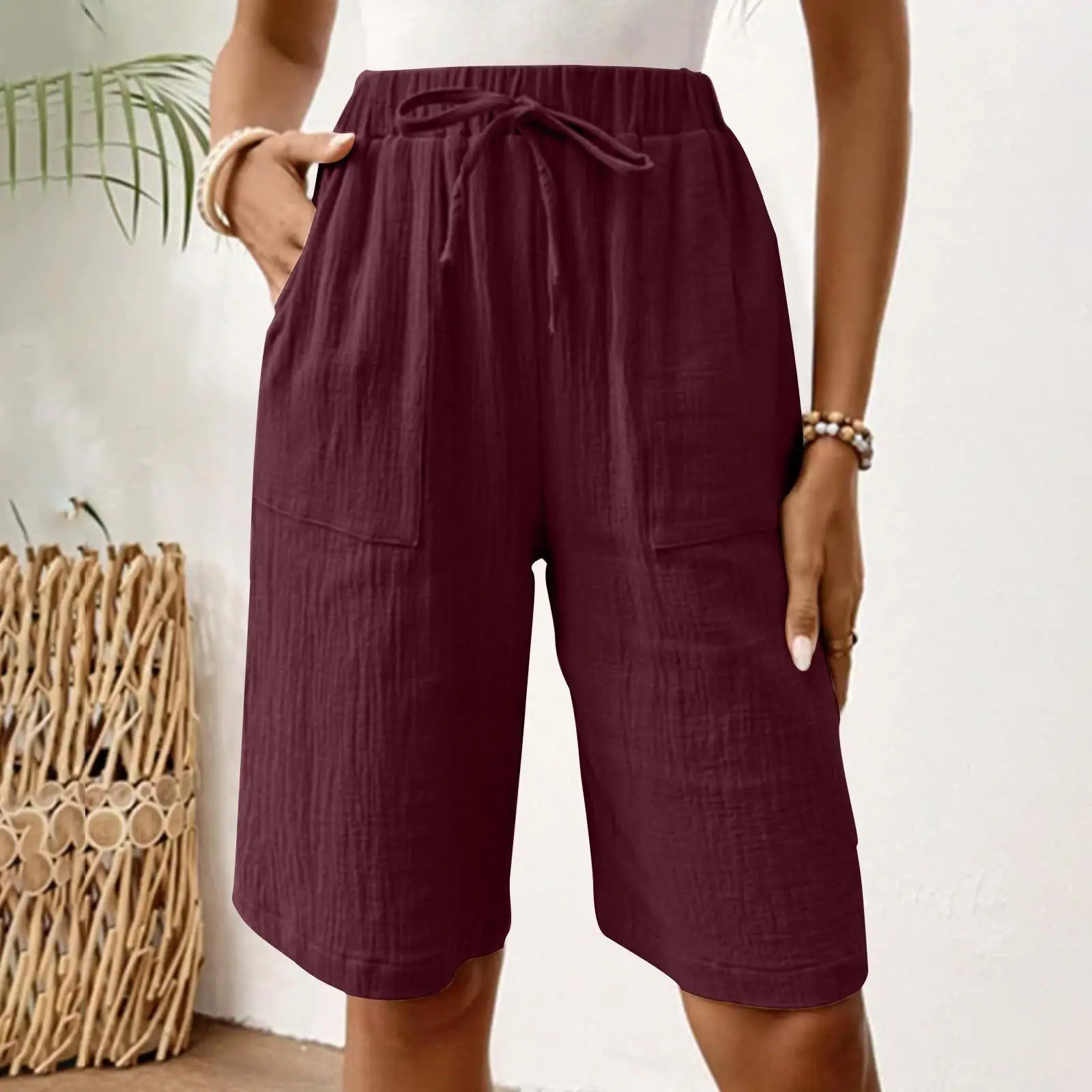 Casual Cotton Linen Elastic Waist Loose Fit Pants with kets 2024 New Sle Cross-Border Independent Station for Women