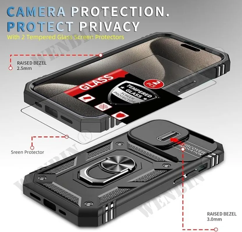 Etui na iPhone'a 15 Pro Max 14 13 12 Pro Max 8 Plus SE 360 Full Body Rugged Protective Slide Camera Stand Protection Ring Cover