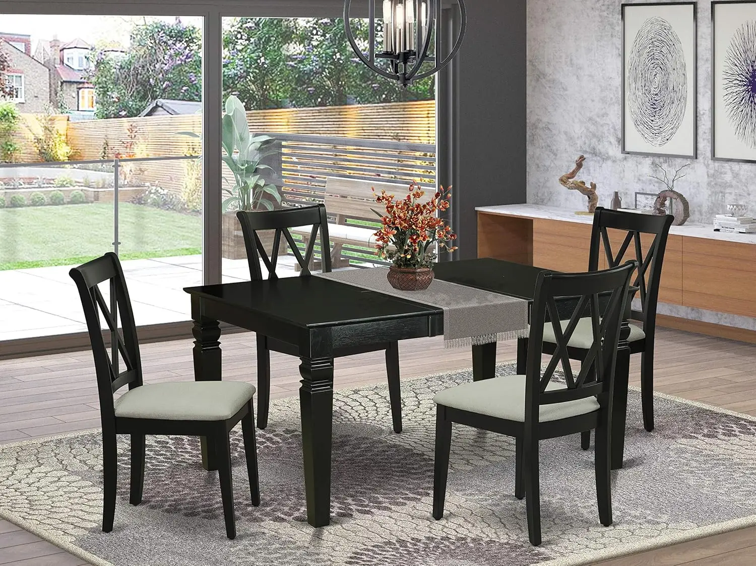 5Piece Dining Room Table Set Includes a Rectangle Kitchen Table with Butterfly Leaf and 4Linen Fabric Upholstered Dining Chairs