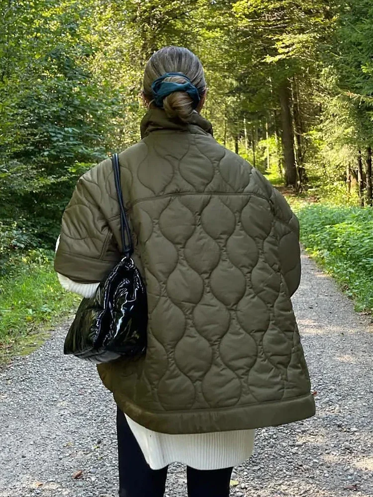 Quilted Argyle Coat Cape Rainproof Jacket Women Winter Jacket Army Green Casual Padded Loose Parkas Oversize Turtleneck Coat
