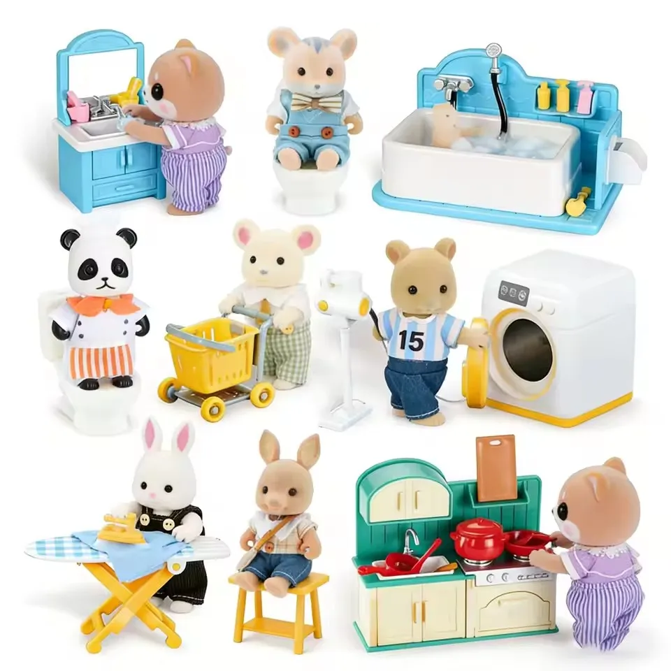 Mini Flocked Animal Family Doll Set Dressed Rabbit Cat Panda Koala Mouse Figures Dollhouse Accessory Pretend Play Collection Toy