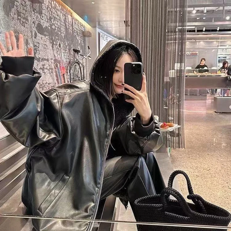 Chic Fleece Pu Reversible Women Jacket Hooded Zip Up Oversized Black Grunge Y2K Streetwear Loose Baggy Winter Coat Top
