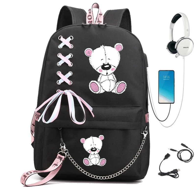 Niedliche Zeichnung Teddy Print Schult asche für College-Studenten wasserdichten Rucksack trend ige Mädchen Cartoon Anime Laptop-Rucksäcke